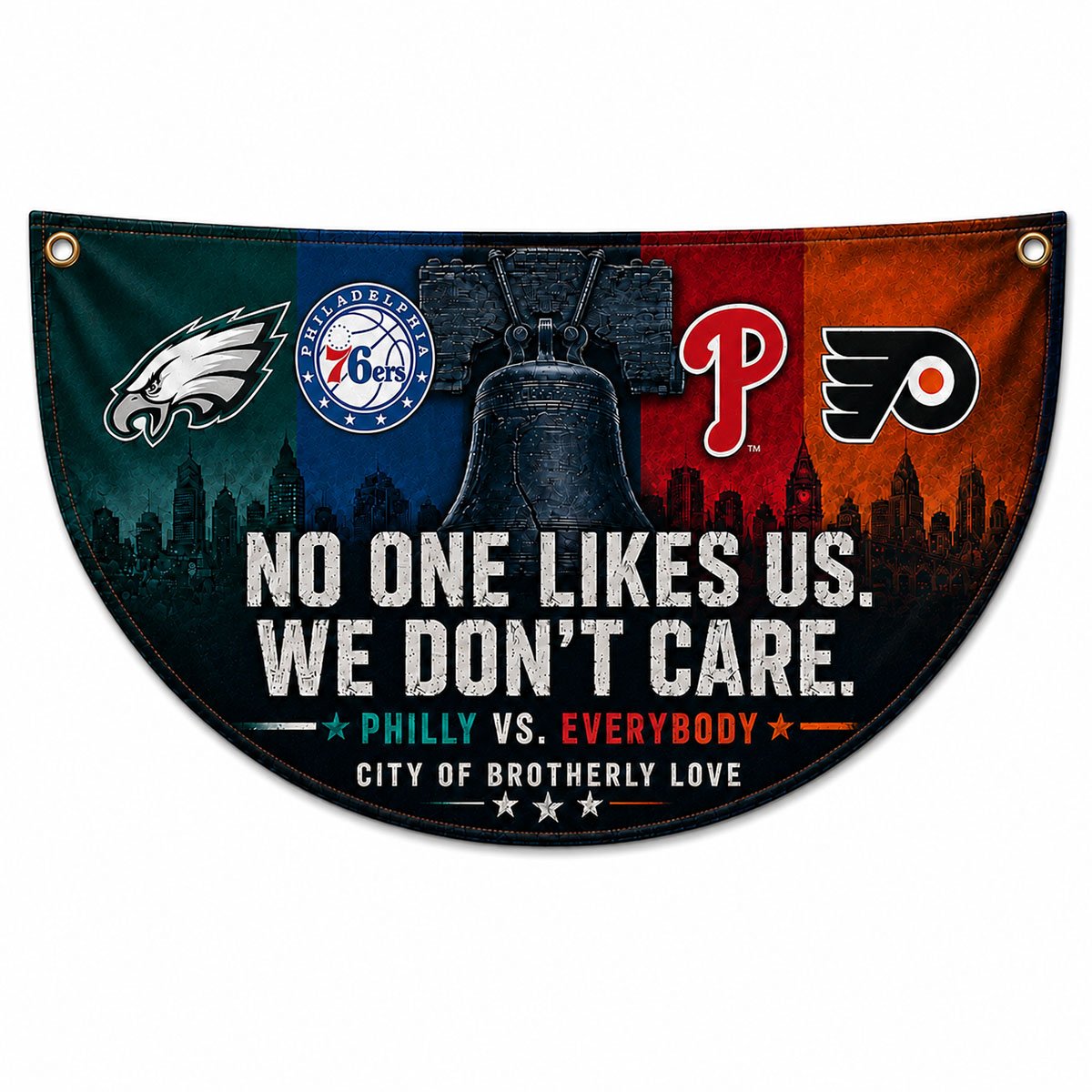 Philadelphia City Sports Fan Semicircle Bunting Flag – No One Likes Us We Don’t Care, Philly vs Everybody Banner, Indoor Outdoor Wall Decor