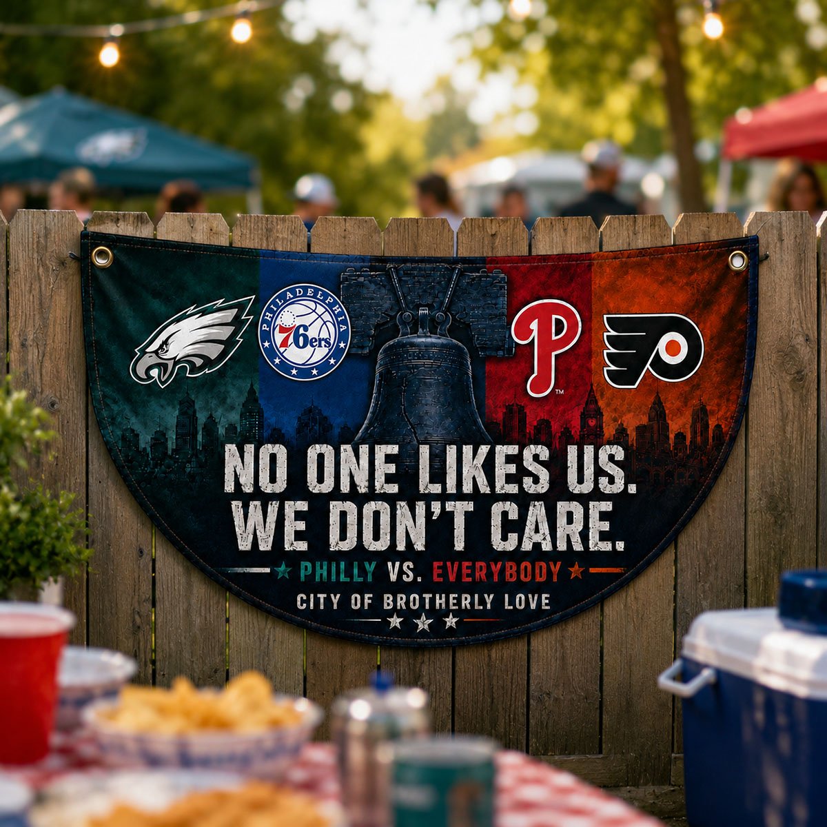 Alternative view of Philadelphia City Sports Fan Semicircle Bunting Flag – No One Likes Us We Don’t Care, Philly vs Everybody Banner, Indoor Outdoor Wall Decor
