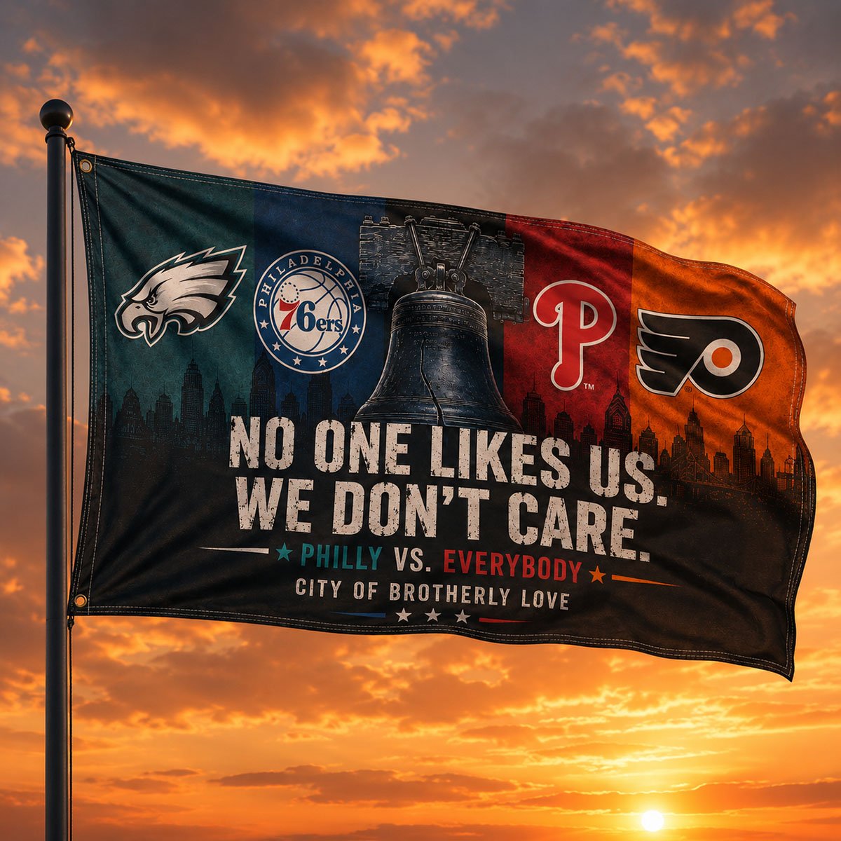 Philadelphia Philly Pride No One Likes Us We Don’t Care 3’x5’ & 4’x6’ Polyester Fan Flag for Game Day, Man Cave, Porch & Tailgate Decor
