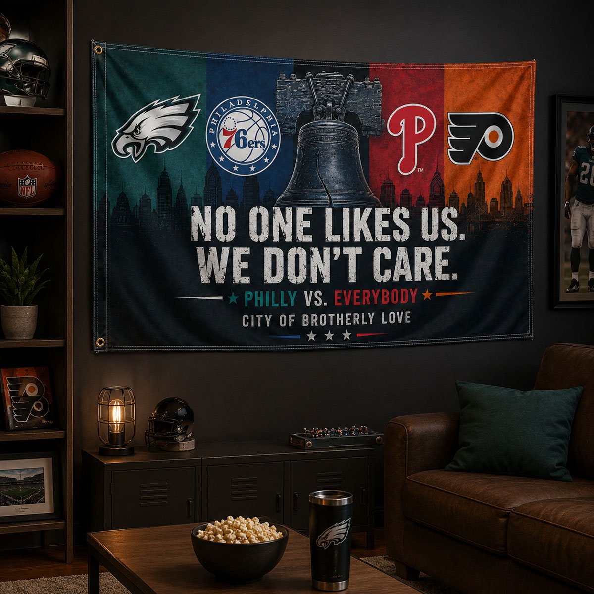 Alternative view of Philadelphia Philly Pride No One Likes Us We Don’t Care 3’x5’ & 4’x6’ Polyester Fan Flag for Game Day, Man Cave, Porch & Tailgate Decor