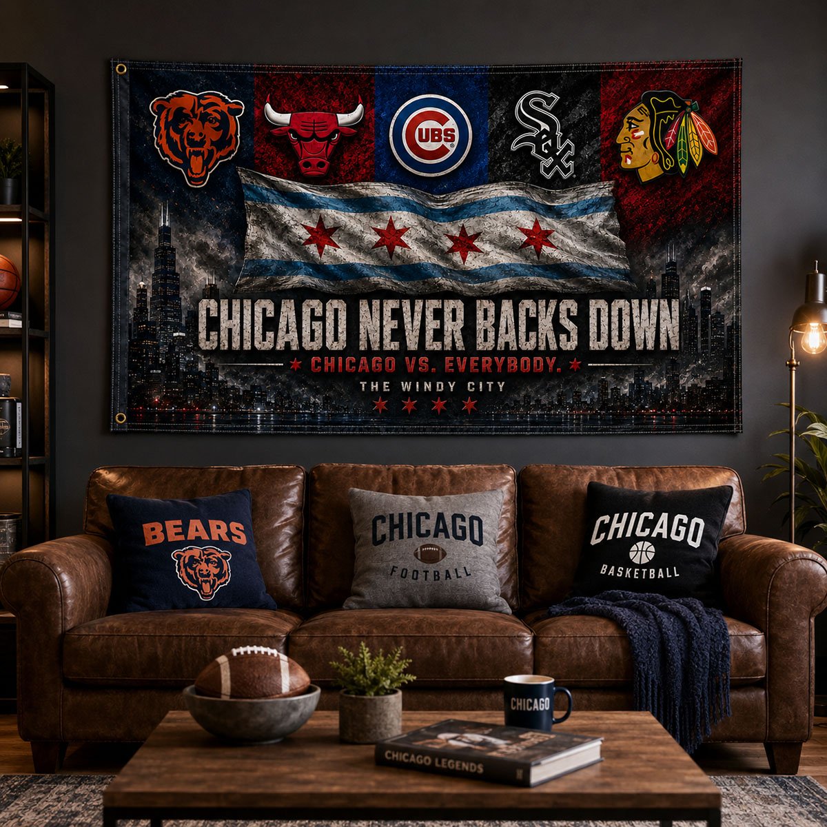 Chicago Never Backs Down Flag – Chicago Sports Fan City Pride Banner, Windy City vs Everybody Wall Flag