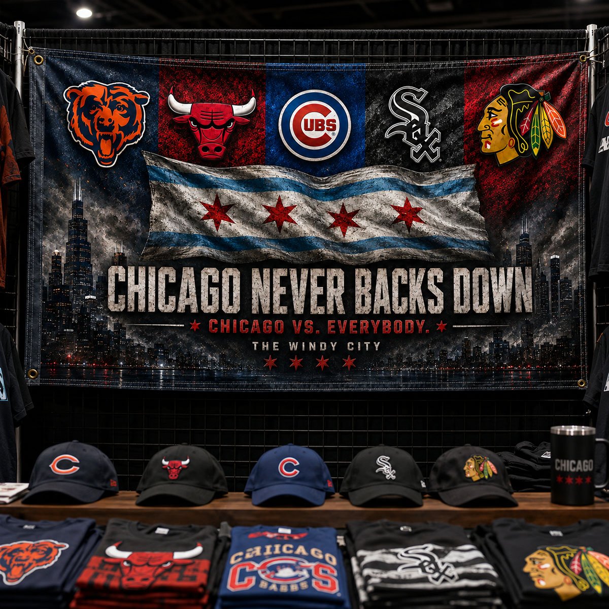 Alternative view of Chicago Never Backs Down Flag – Chicago Sports Fan City Pride Banner, Windy City vs Everybody Wall Flag