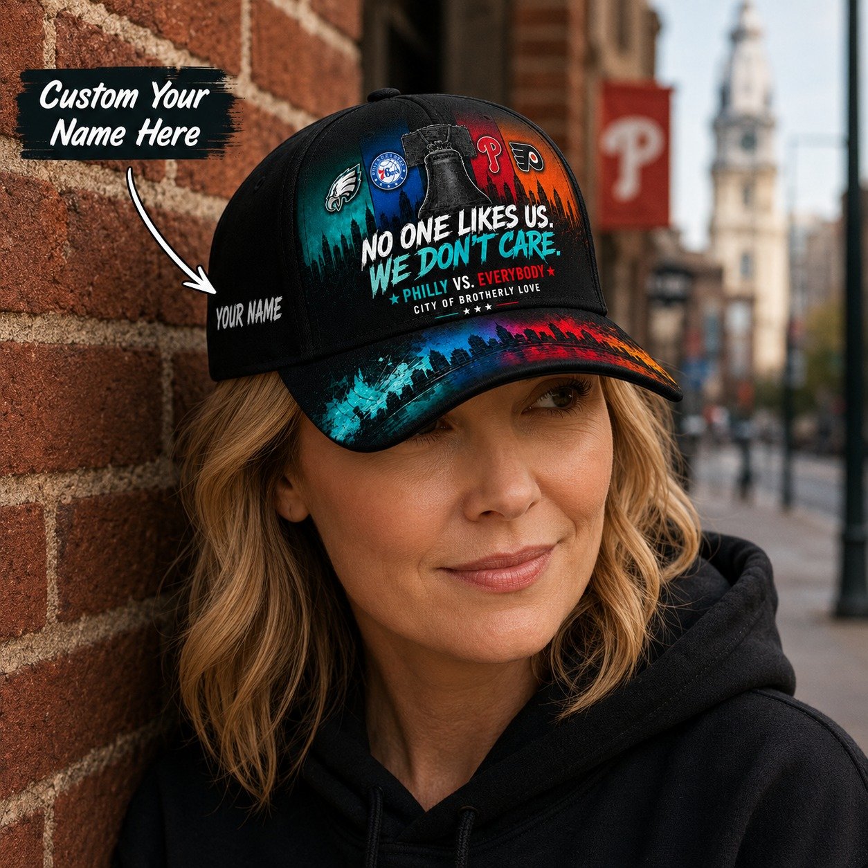 Personalized Philly Sports Fan Cap, Custom Name Philadelphia Baseball Hat, No One Likes Us We Don’t Care Philly Vs Everybody Cap Gift - Image 2