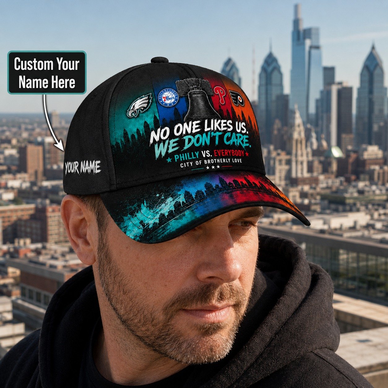 Personalized Philly Sports Fan Cap, Custom Name Philadelphia Baseball Hat, No One Likes Us We Don’t Care Philly Vs Everybody Cap Gift - Image 9