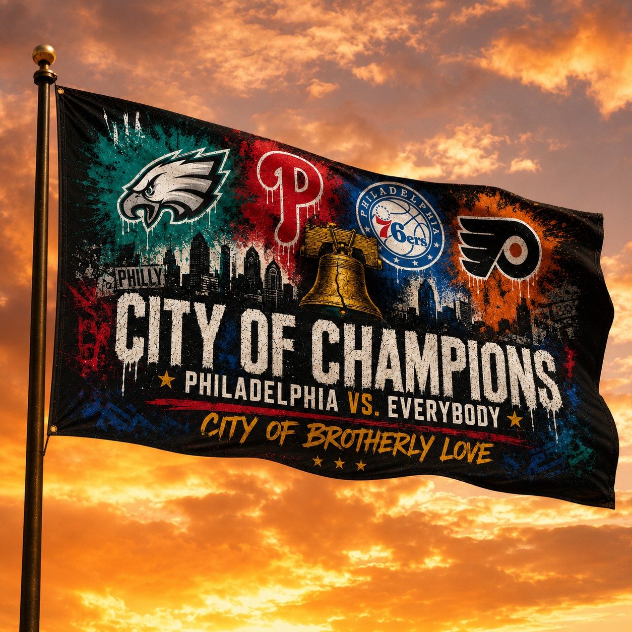 Philadelphia City of Champions Philly Sports Pride 3’x5’ & 4’x6’ Polyester Fan Flag, Eagles Phillies 76ers Flyers Inspired Game Day Flag for Man Cave, Porch, Tailgate, Garage & Wall Decor