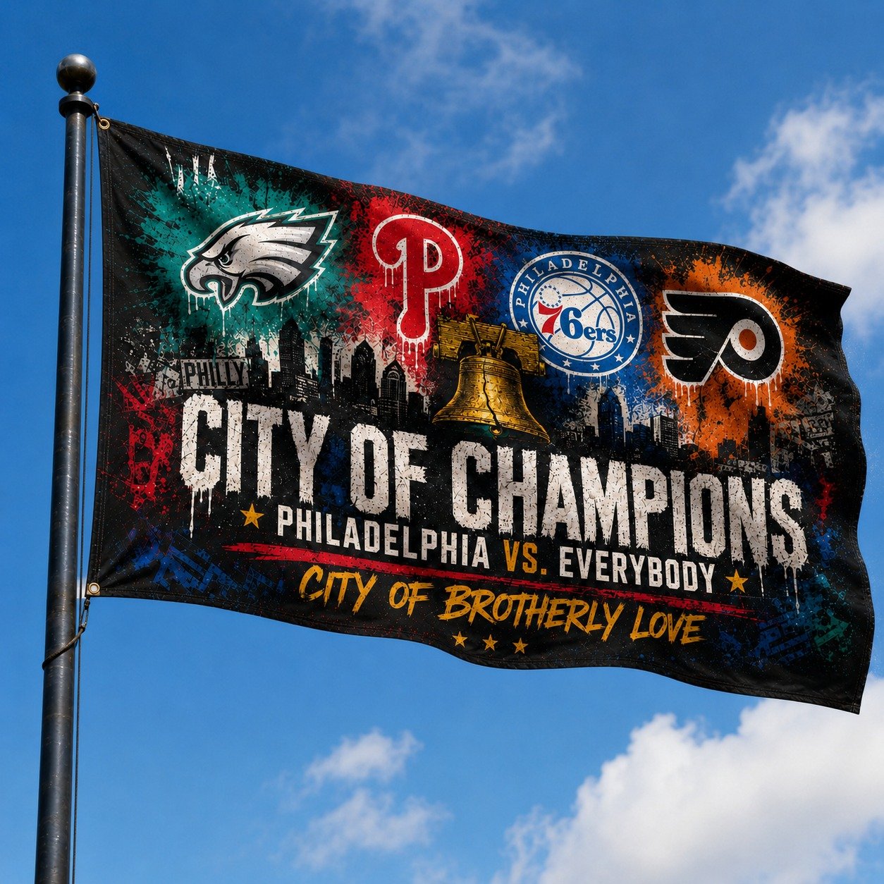 Alternative view of Philadelphia City of Champions Philly Sports Pride 3’x5’ & 4’x6’ Polyester Fan Flag, Eagles Phillies 76ers Flyers Inspired Game Day Flag for Man Cave, Porch, Tailgate, Garage & Wall Decor
