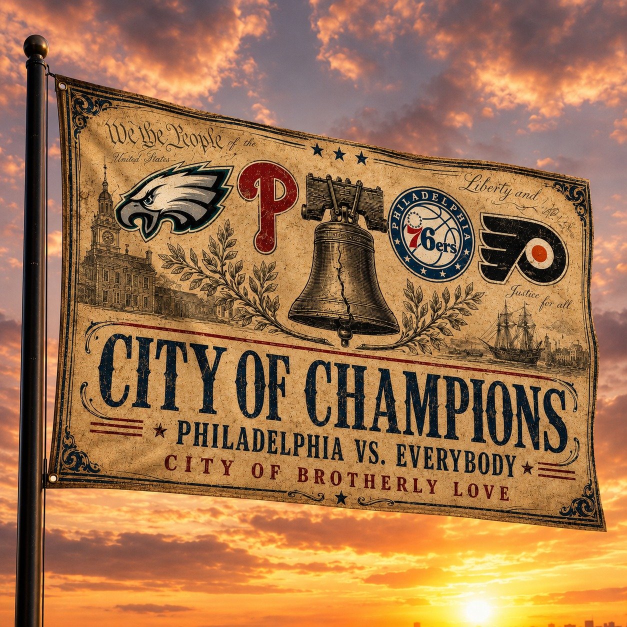 Philadelphia City 3’x5’ & 4’x6’ Polyester Fan Flag, Phillies 76ers Flag for Fan, Home Decor