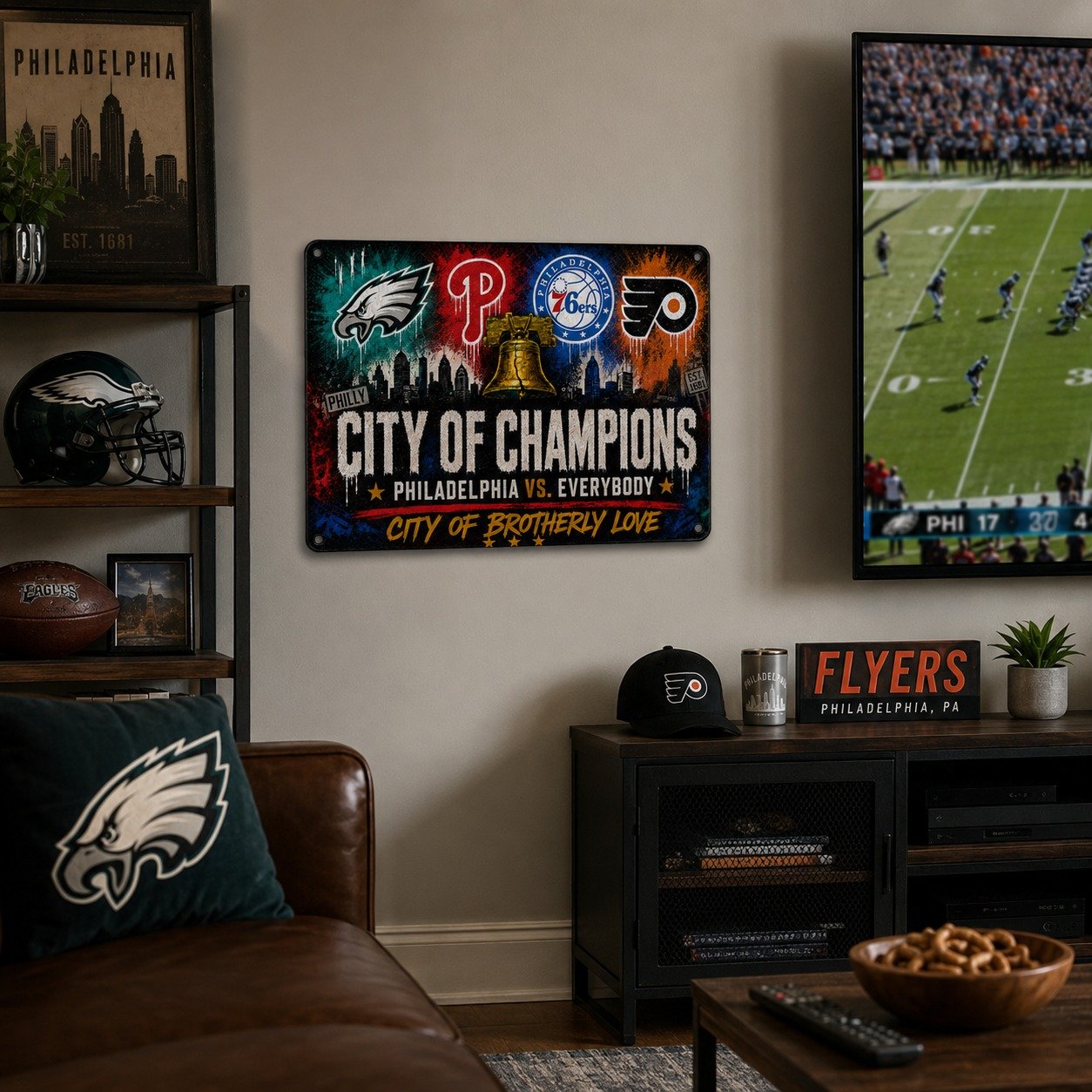 Philadelphia City of Champions Metal Sign 12×16 Inch, Philly Sports Pride Wall Decor, Philadelphia vs Everybody Fan Cave Sign