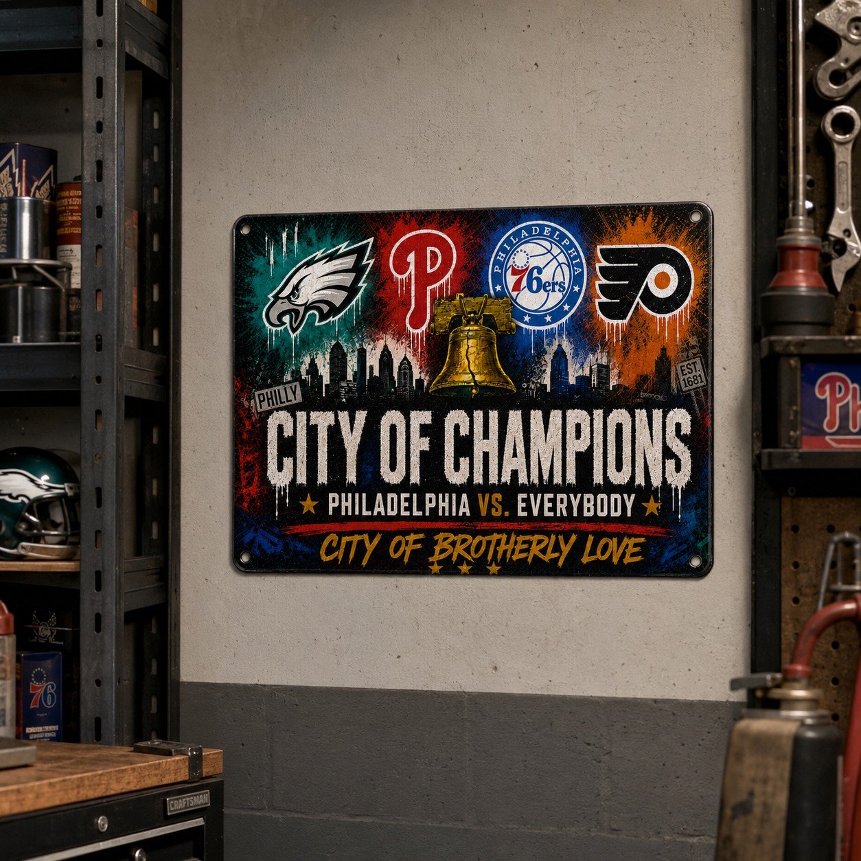 Alternative view of Philadelphia City of Champions Metal Sign 12x16 Inch, Philly Sports Pride Wall Decor, Philadelphia vs Everybody Fan Cave Sign