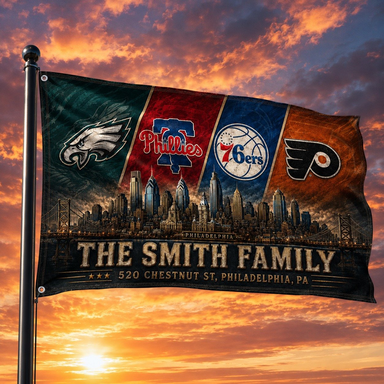 Personalized Philadelphia City 3’x5’ & 4’x6’ Polyester Fan Flag With Family Name And Address, Phillies Flag for Fan, Sport Gifts