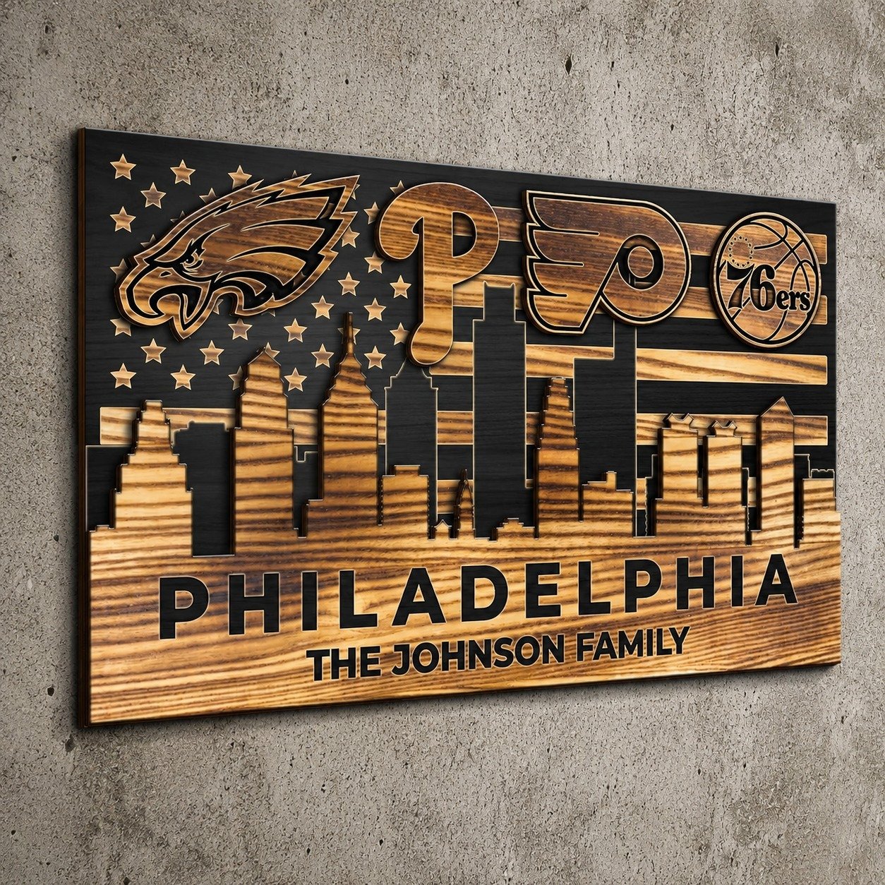 Personalized Philadelphia 4 Teams Wood Sign – Custom Family Name 2-Layer Wall Decor, Eagles Phillies Flyers 76ers Fan Gift