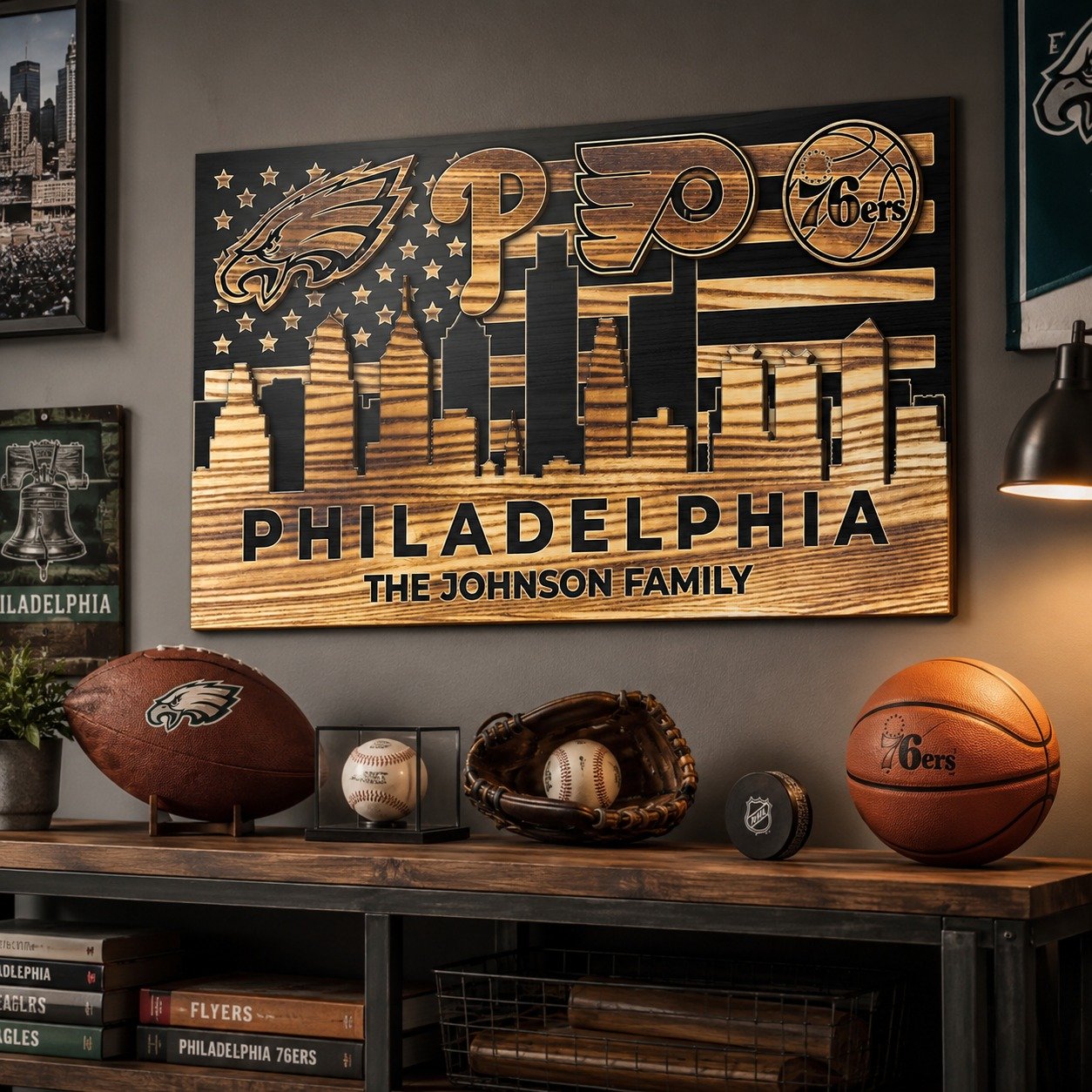 Alternative view of Personalized Philadelphia 4 Teams Wood Sign – Custom Family Name 2-Layer Wall Decor, Eagles Phillies Flyers 76ers Fan Gift