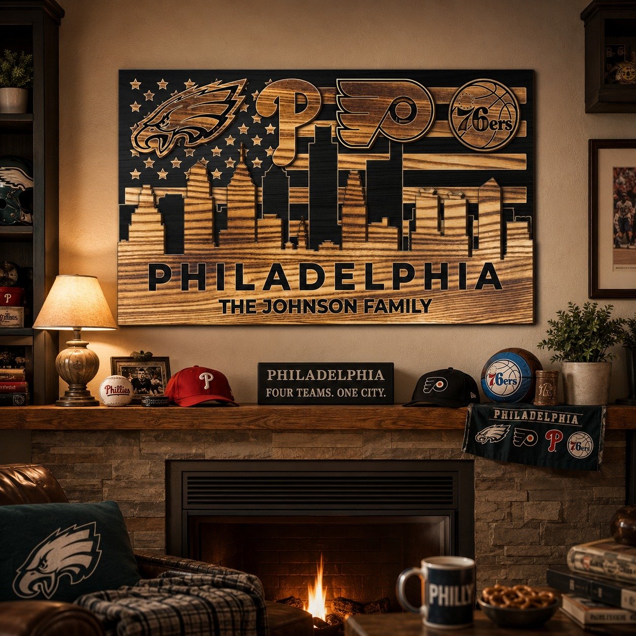 Personalized Philadelphia 4 Teams Wood Sign – Custom Family Name 2-Layer Wall Decor, Eagles Phillies Flyers 76ers Fan Gift - Image 3