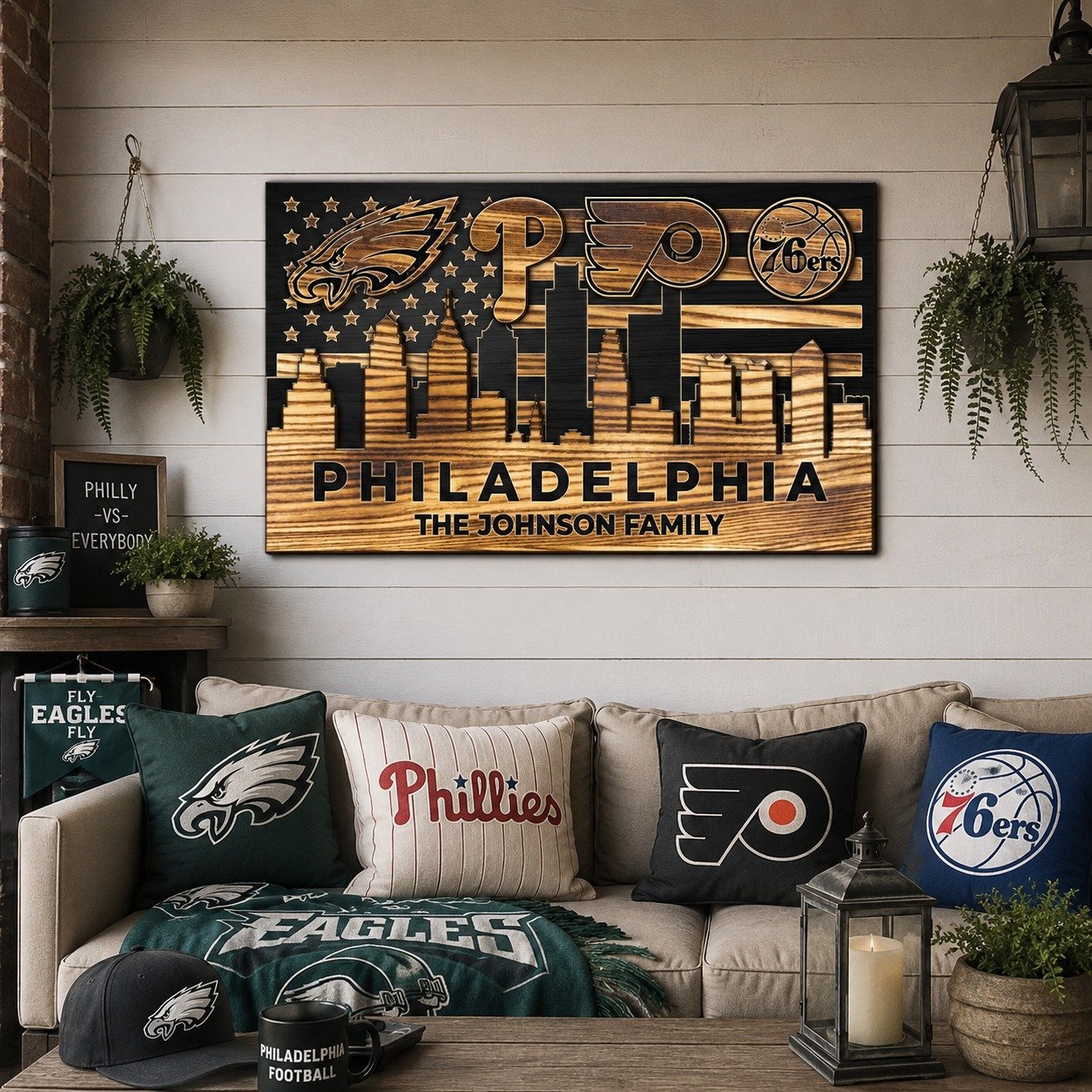 Personalized Philadelphia 4 Teams Wood Sign – Custom Family Name 2-Layer Wall Decor, Eagles Phillies Flyers 76ers Fan Gift - Image 5