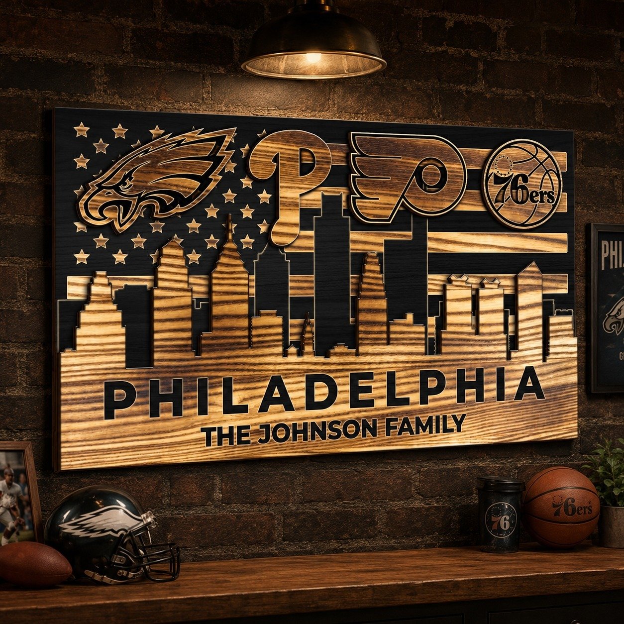 Personalized Philadelphia 4 Teams Wood Sign – Custom Family Name 2-Layer Wall Decor, Eagles Phillies Flyers 76ers Fan Gift - Image 6
