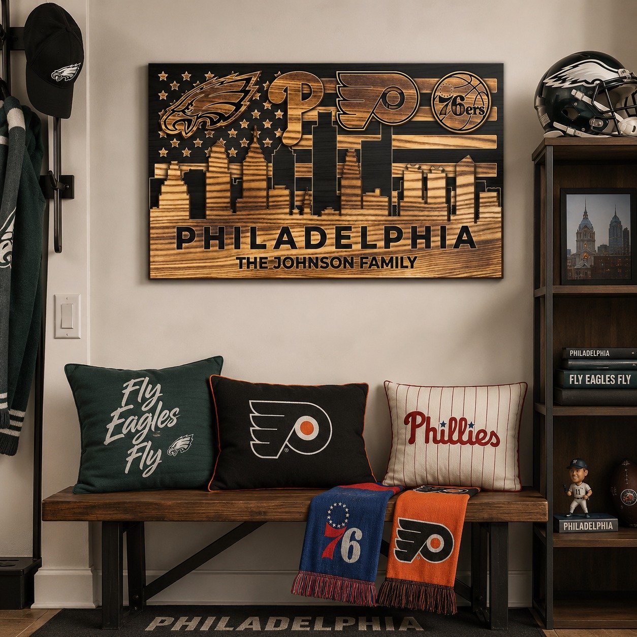 Personalized Philadelphia 4 Teams Wood Sign – Custom Family Name 2-Layer Wall Decor, Eagles Phillies Flyers 76ers Fan Gift - Image 8