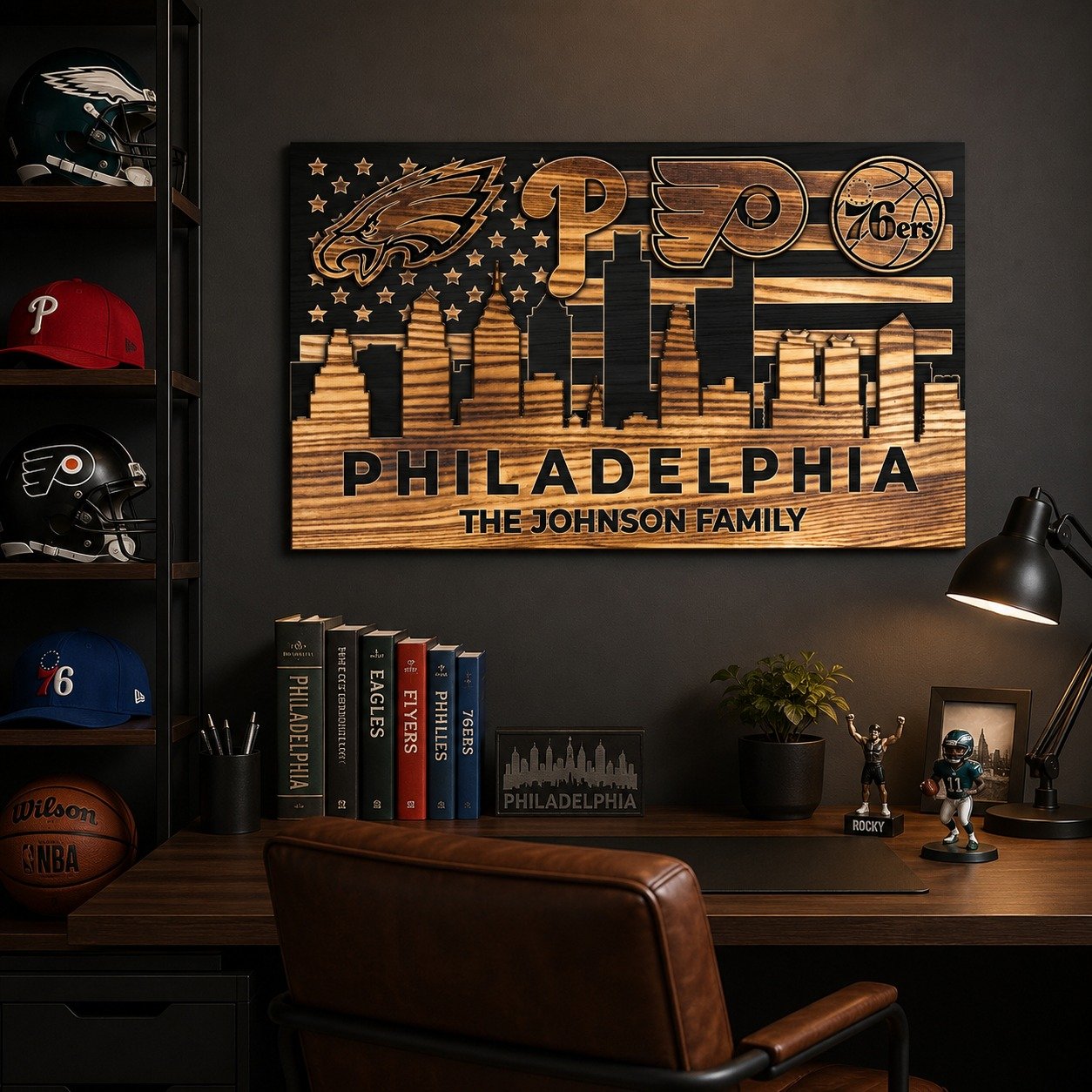 Personalized Philadelphia 4 Teams Wood Sign – Custom Family Name 2-Layer Wall Decor, Eagles Phillies Flyers 76ers Fan Gift - Image 9
