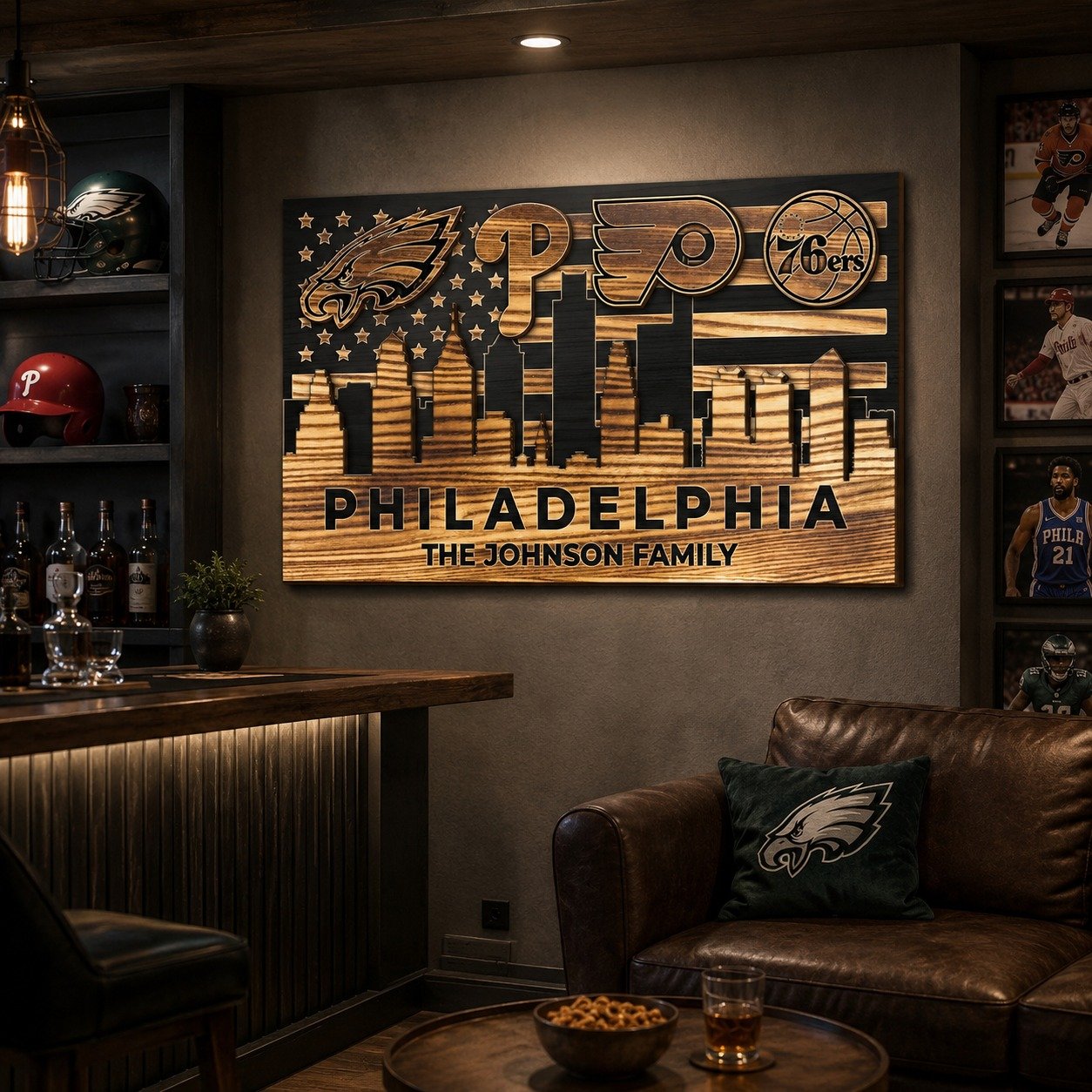 Personalized Philadelphia 4 Teams Wood Sign – Custom Family Name 2-Layer Wall Decor, Eagles Phillies Flyers 76ers Fan Gift - Image 10