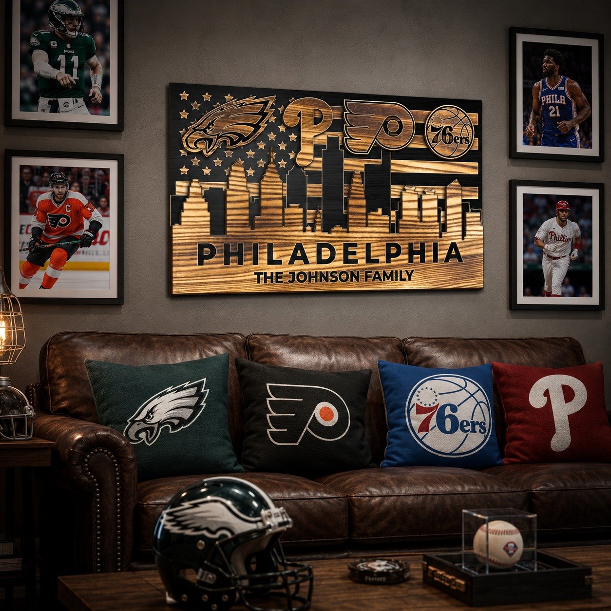 Personalized Philadelphia 4 Teams Wood Sign – Custom Family Name 2-Layer Wall Decor, Eagles Phillies Flyers 76ers Fan Gift - Image 11