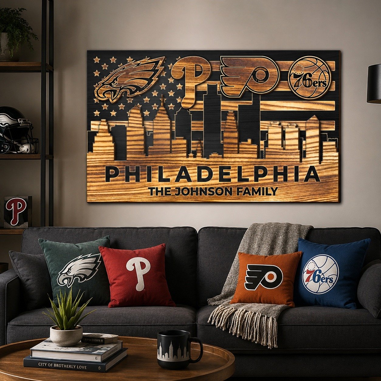 Personalized Philadelphia 4 Teams Wood Sign – Custom Family Name 2-Layer Wall Decor, Eagles Phillies Flyers 76ers Fan Gift - Image 12