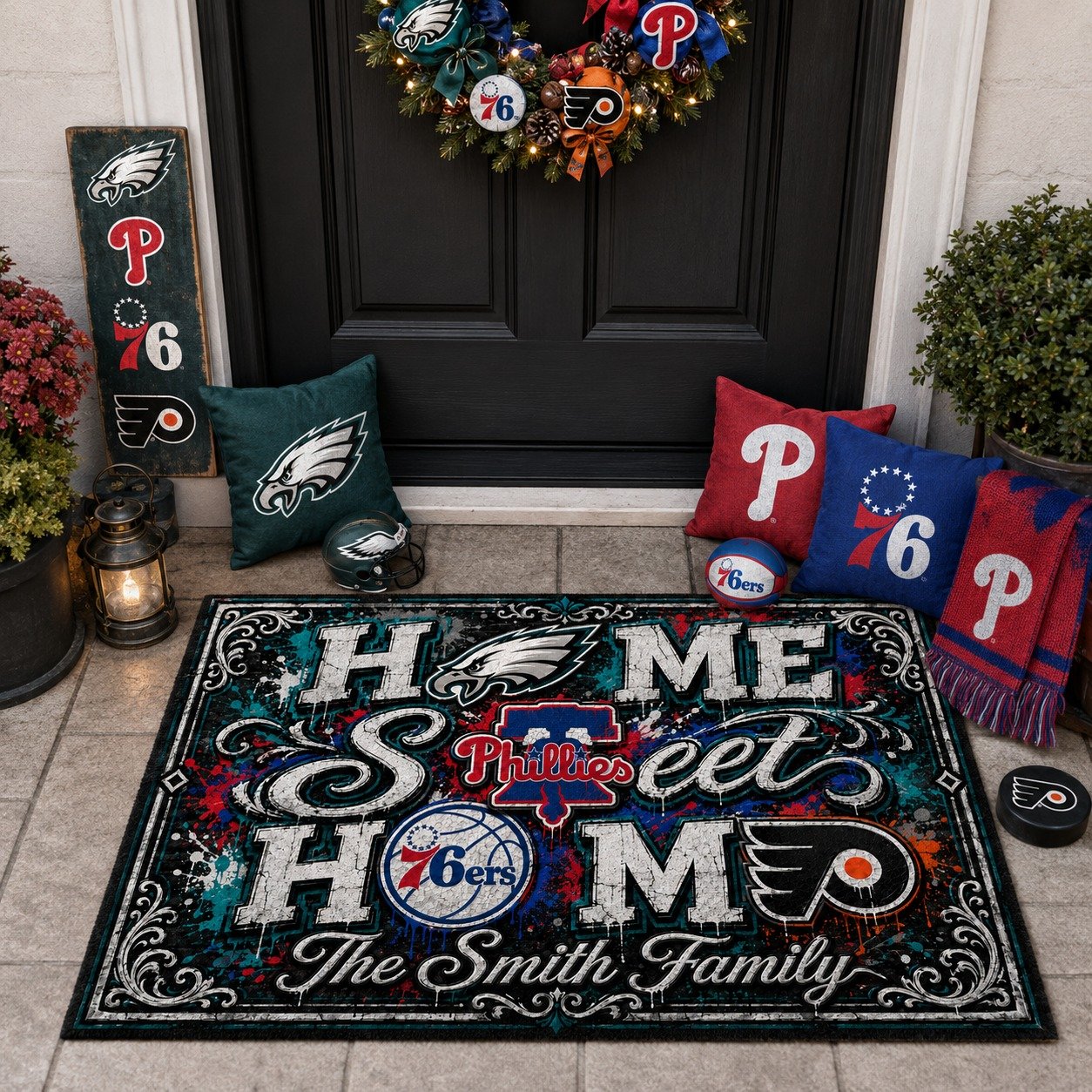 Personalized Philadelphia City Doormat, Philly Eagles Phillies 76ers Flyers Doormat ,Home Sweet Home Fan Gifts
