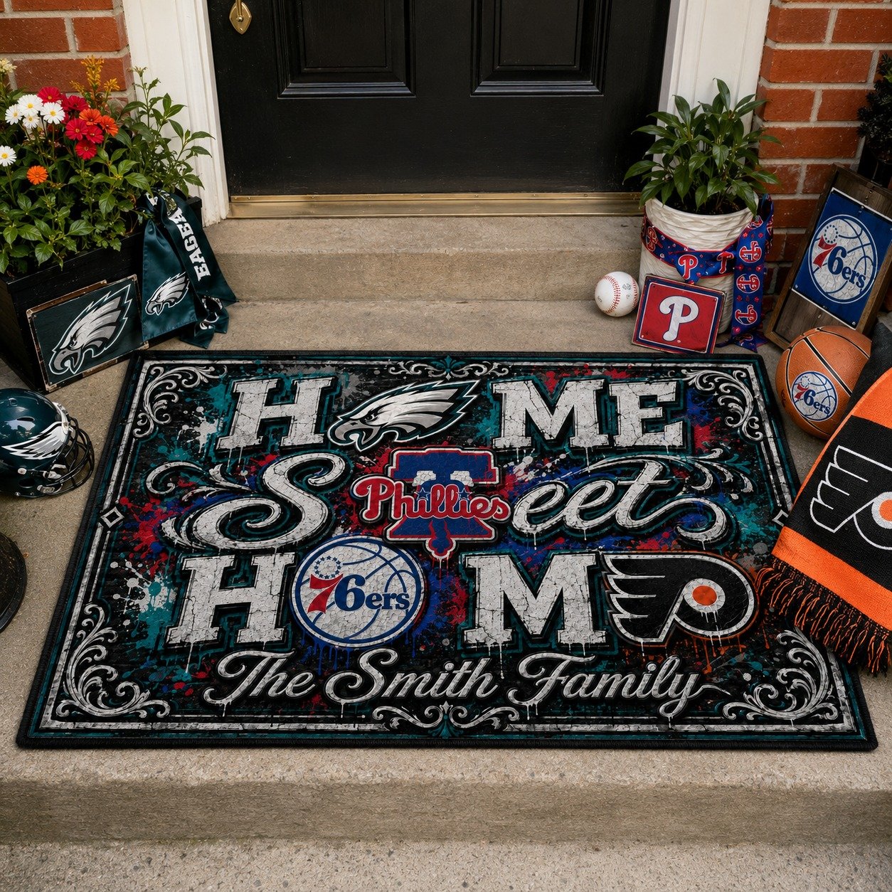 Personalized Philadelphia City Doormat, Philly Eagles Phillies 76ers Flyers Doormat ,Home Sweet Home Fan Gifts - Image 2