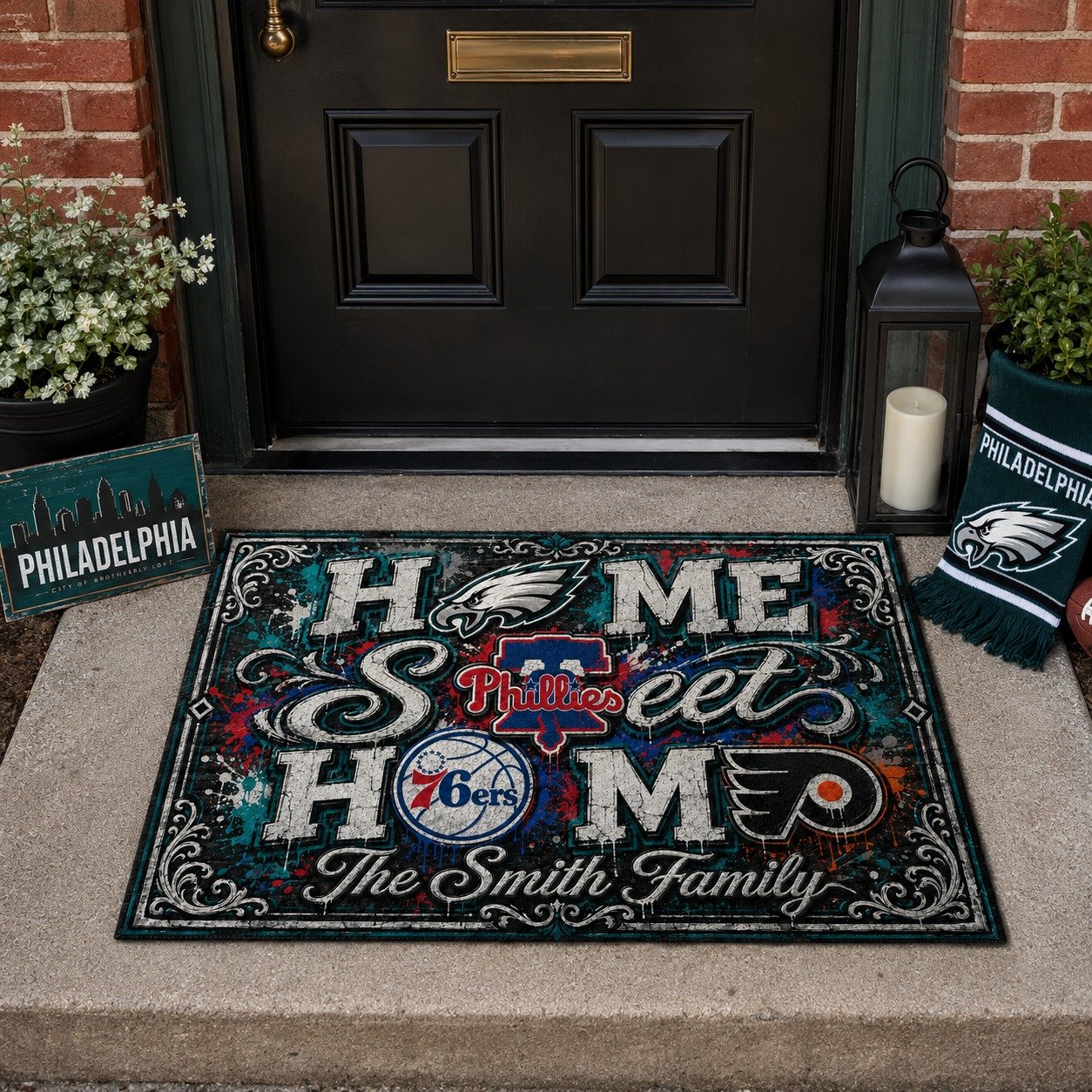 Personalized Philadelphia City Doormat, Philly Eagles Phillies 76ers Flyers Doormat ,Home Sweet Home Fan Gifts - Image 3