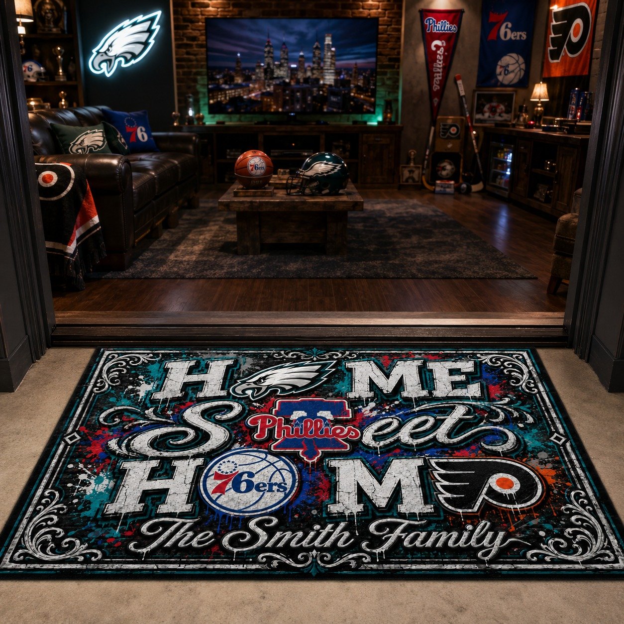 Personalized Philadelphia City Doormat, Philly Eagles Phillies 76ers Flyers Doormat ,Home Sweet Home Fan Gifts - Image 4
