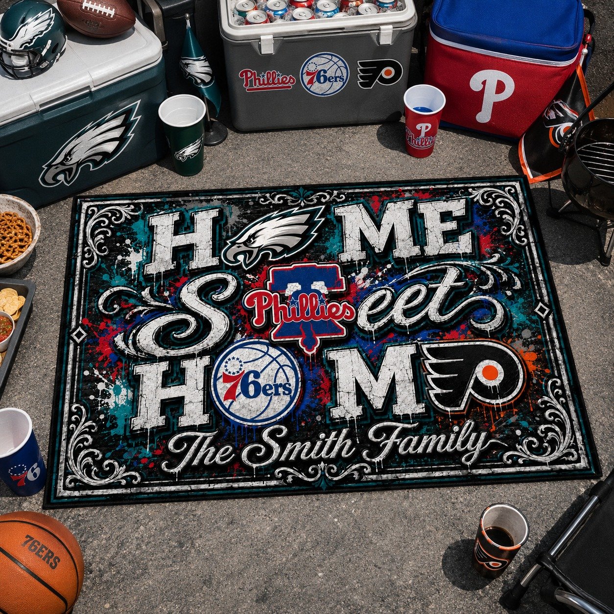 Personalized Philadelphia City Doormat, Philly Eagles Phillies 76ers Flyers Doormat ,Home Sweet Home Fan Gifts - Image 5