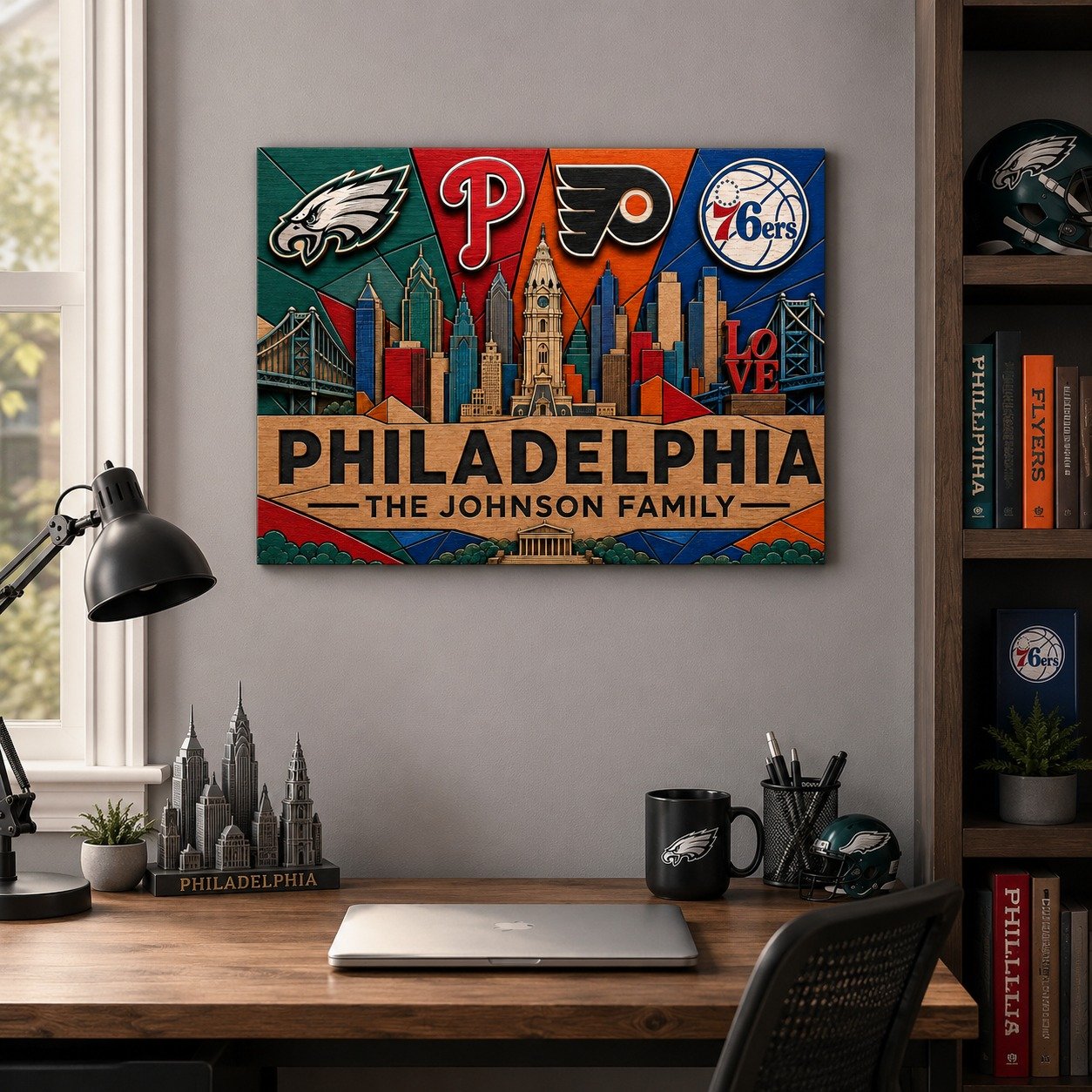 Alternative view of Personalized Philadelphia 2 Layers Woodsign With Family Name, Phillies Sign, Home Decoration