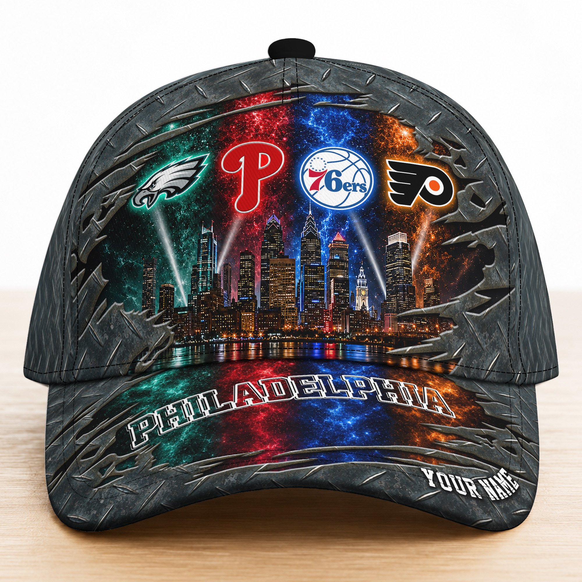 Custom Philadelphia Eagles Phillies 76ers Flyers Cap, Philly City Night Skyline, Gifts For Philly Fans